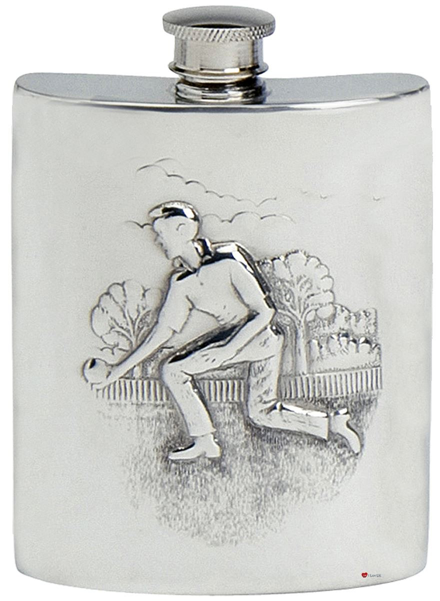 Kings Bowling Hip Flask 4oz Kidney Shape Pewter Engravable on Back Great Gift