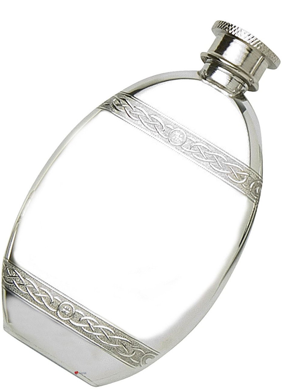Hip Flask 4oz Pewter Oval Shape Celtic Band Screw Top Polished Finish Engravable Great Gift