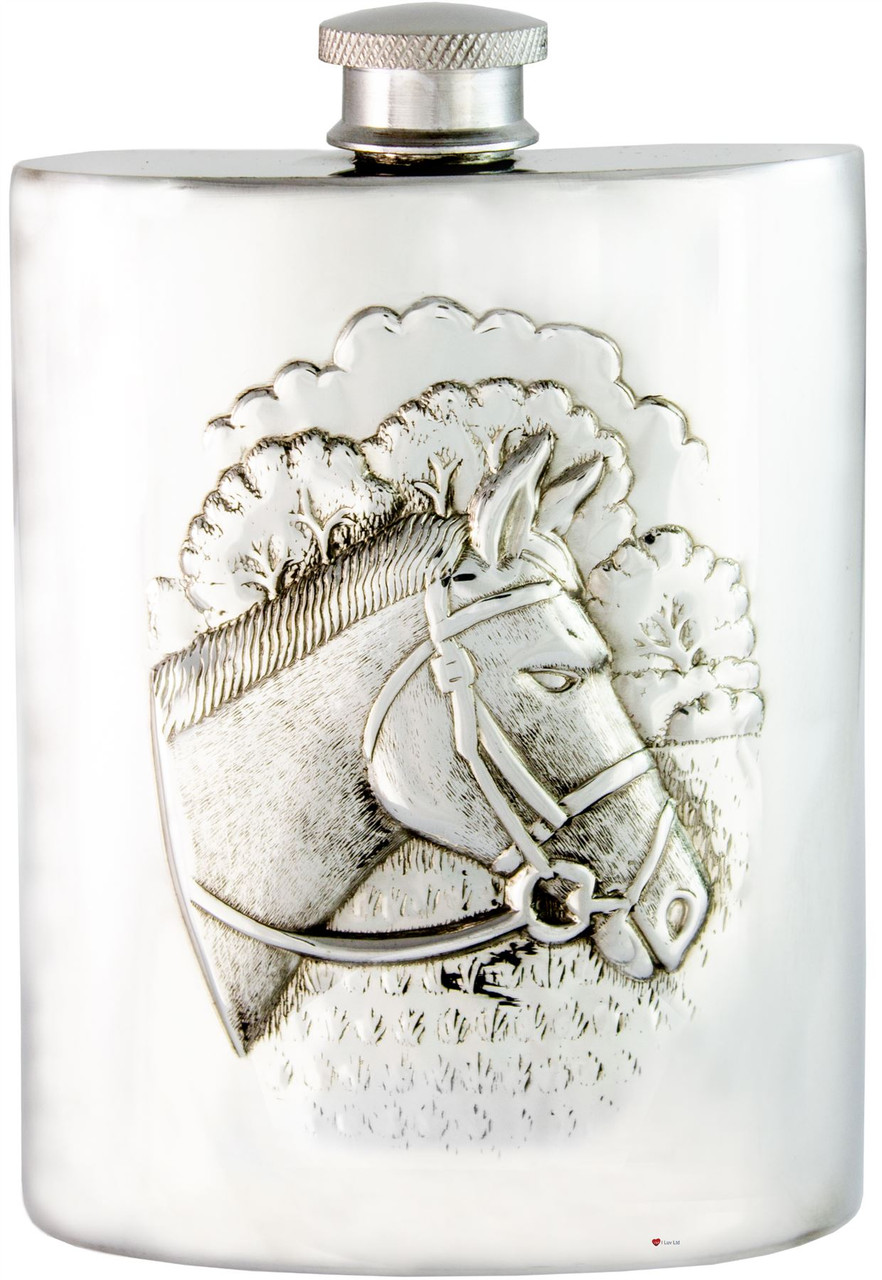 Racing Horse Hip Flask 6oz Kidney Shape Pewter Engravable on Space Great Gift
