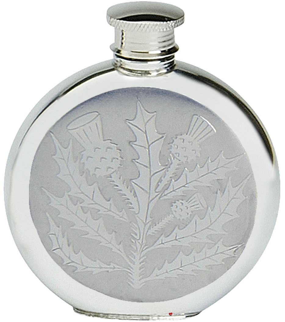 Pewter Hip Flask Round Scottish Classic Thistle Design 6oz Screw Top Engravable