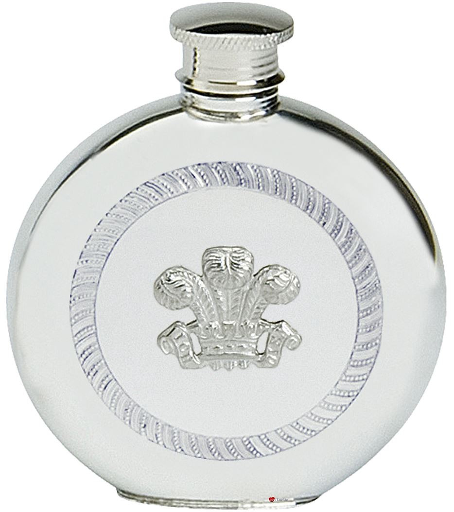 Pewter Hip Flask Welsh Prince Feather CYMRU Round 6oz Screw Top Engravable Great Gift