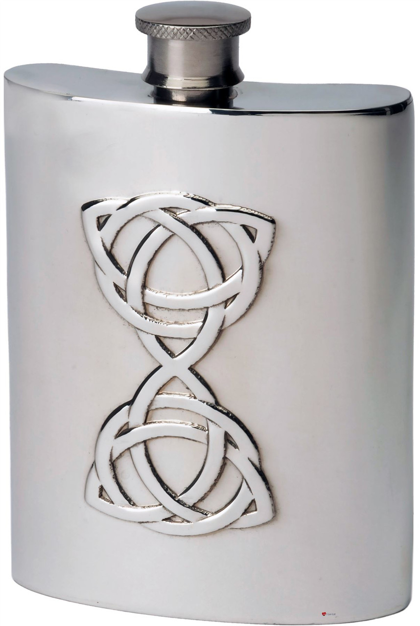 6oz Pewter Hip Flask With Double Celtic Triangle Embossed Design Ideal Gift