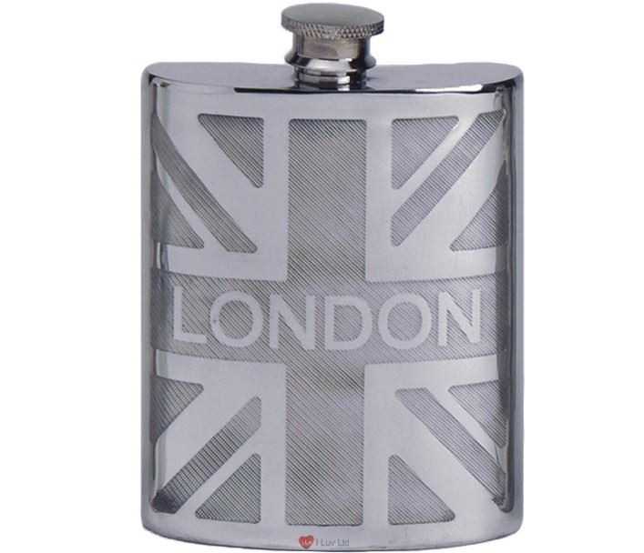 Pewter Hip Flask London On British Union Jack 6oz Space for Engravable Screw Top Great Gift