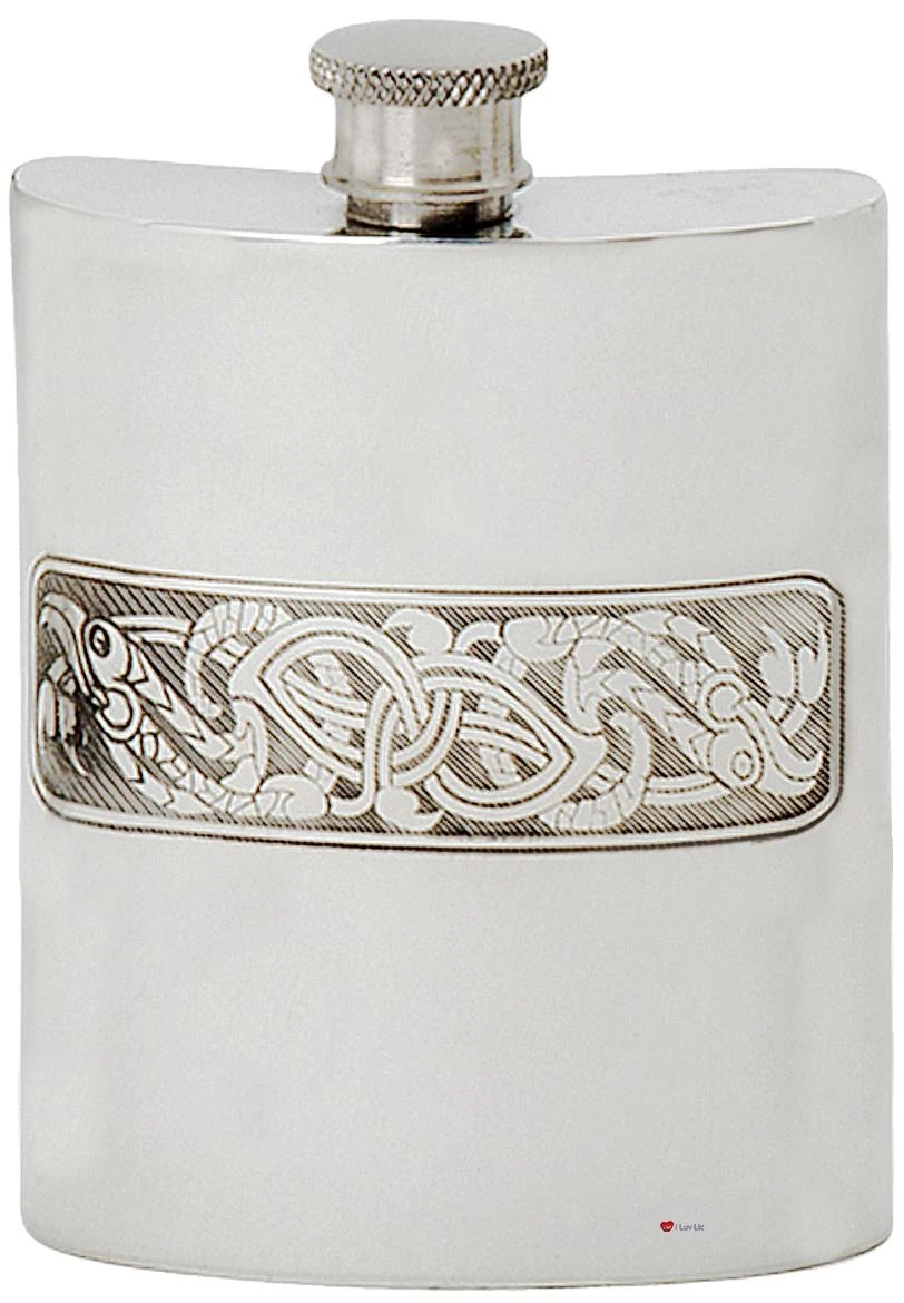 Pewter Hip Flask Celtic Serpent Band Kidney Shape Polished Finish Engravable Great Gift