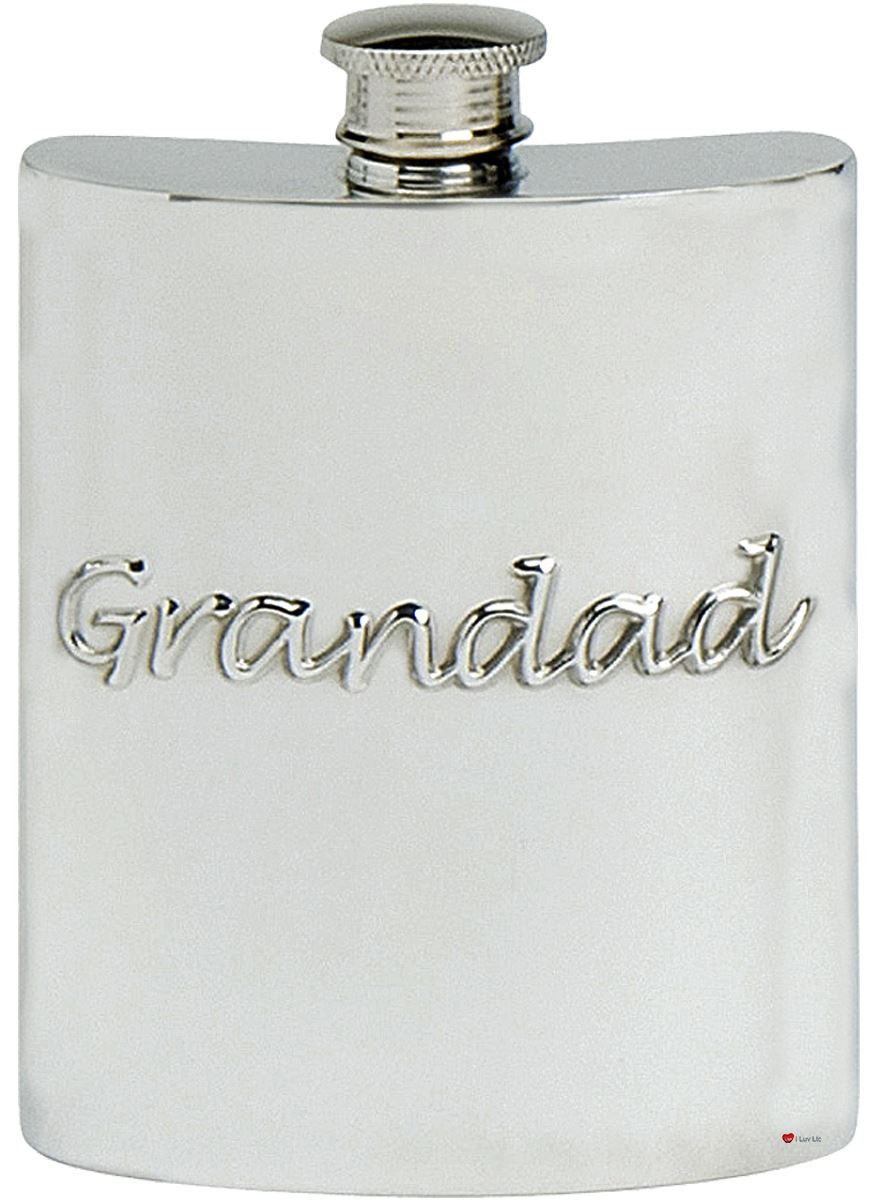 Embossed Grandad Hip Flask 6oz Kidney Shape Pewter Engravable On back Great Gift
