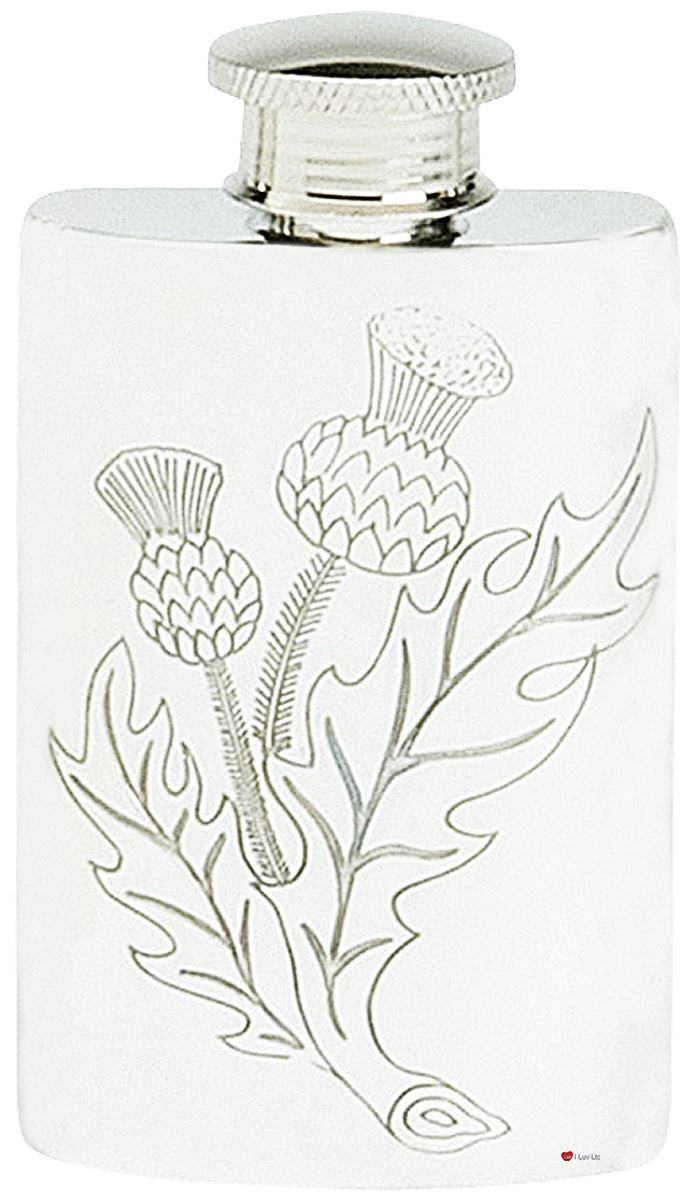 Scottish Thistle Hip Flask Embossed 2oz Kidney Shape Pewter Engravable Great Gift