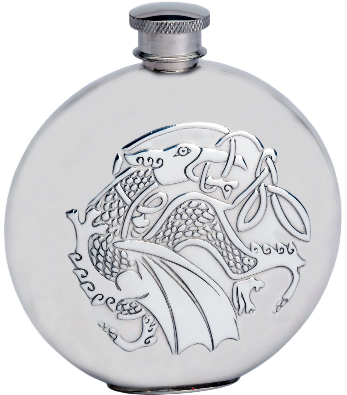 6oz Round Pewter Flask With Embossed Kells Dragon Design Ideal Gift