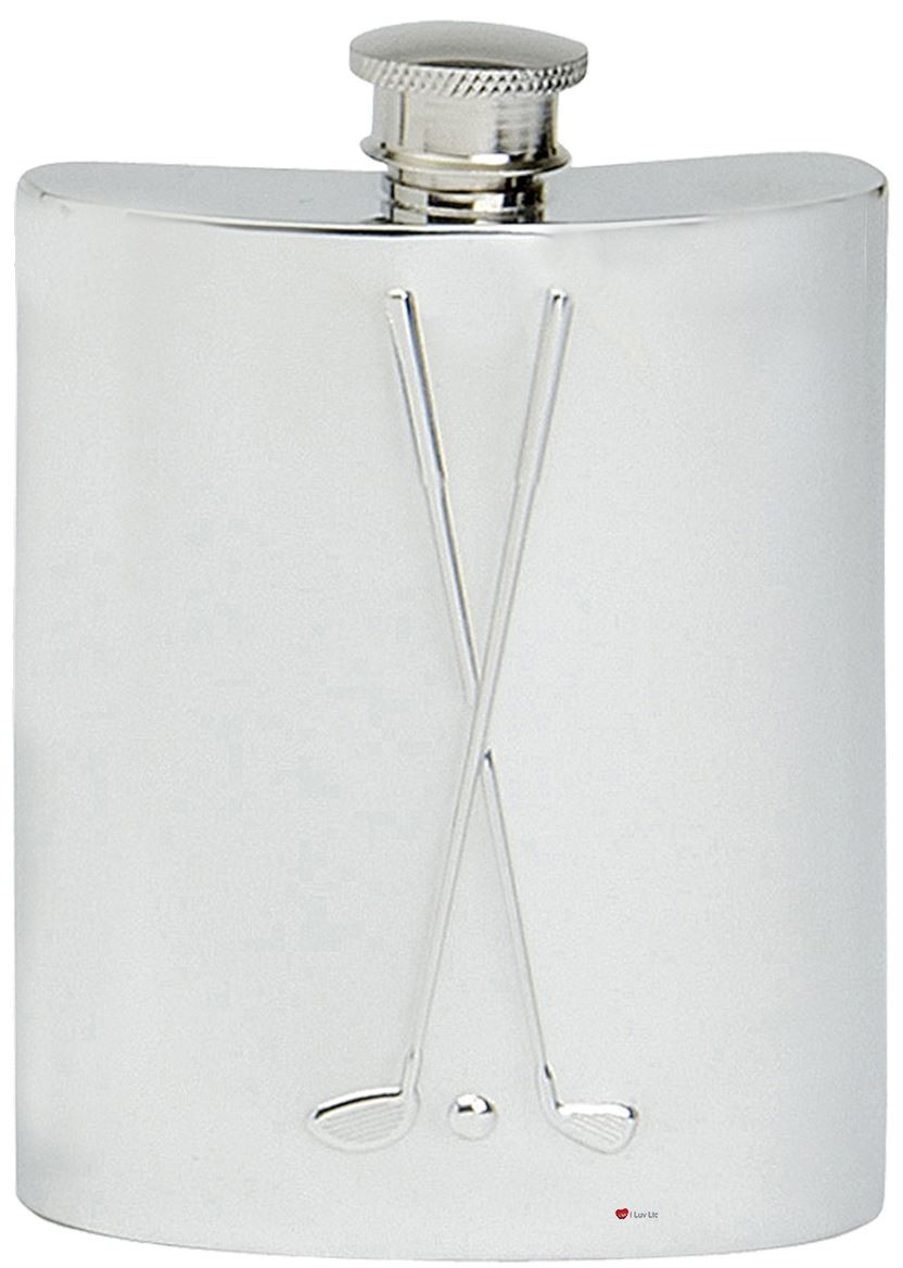 Pewter Hip Flask Golf Clubs with Ball 6oz Kidney Shape Screw Top Engravable Great Gift
