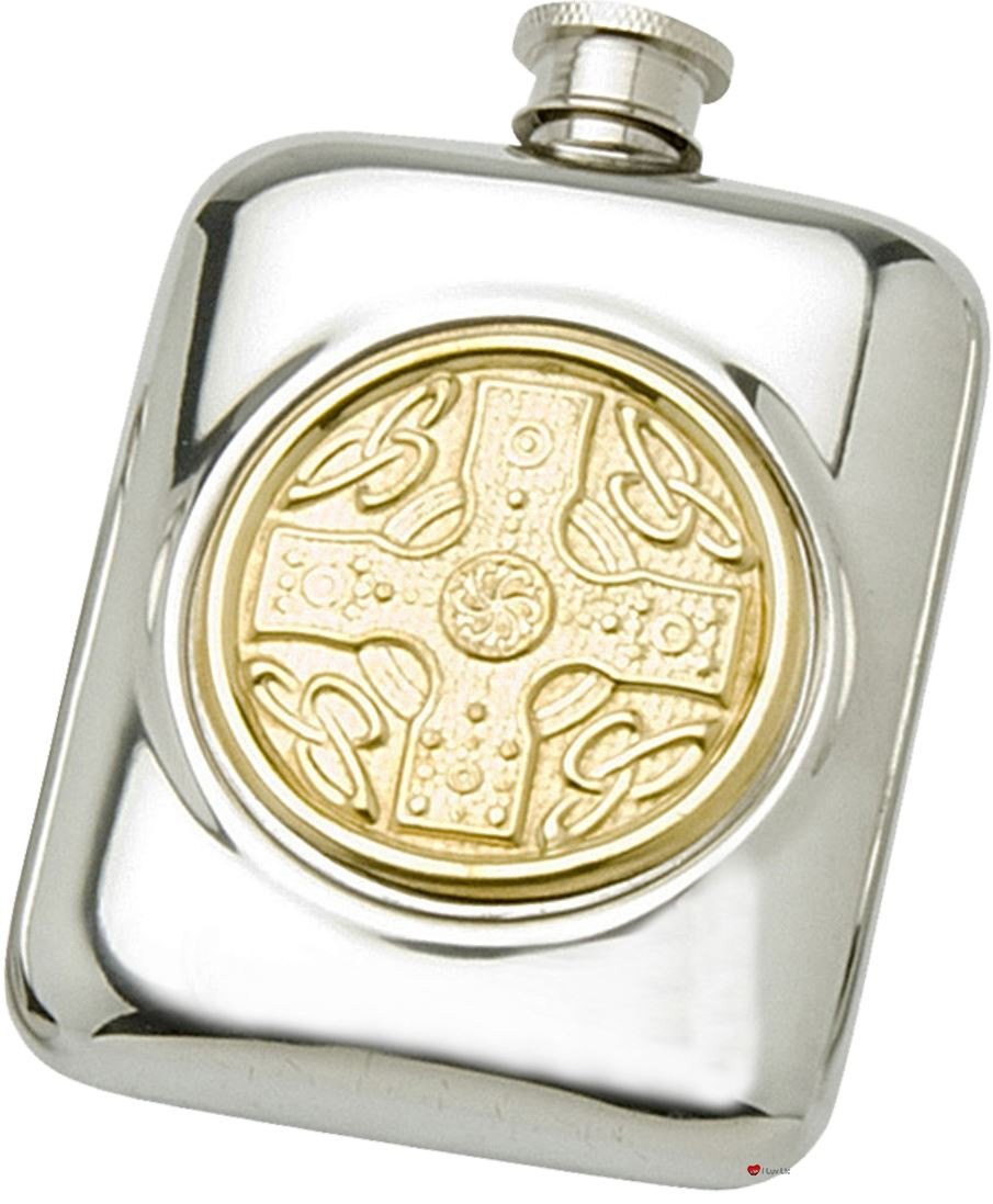 Pewter Pocket Flask Brass Celtic Disc Design Engravable Personal Gift Screw Top Great Gift
