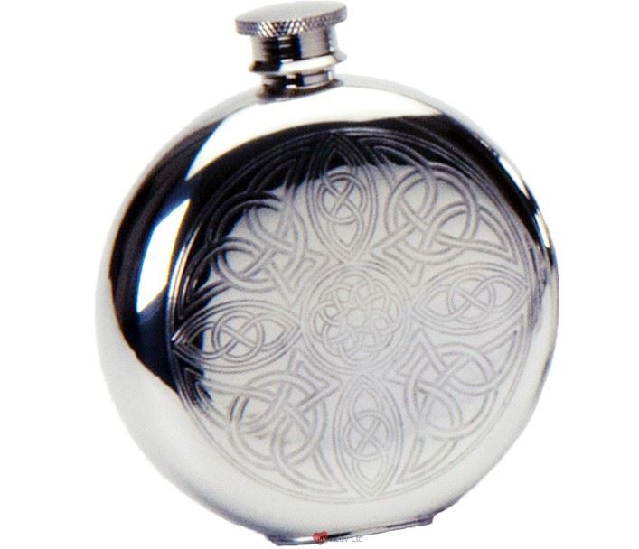Pewter Round Flask Celtic Interlaced Design Engraved 6oz Engravable Screw Top Great Gift