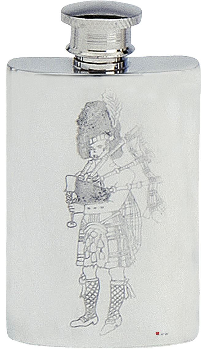 Scottish Piper Hip Flask 2oz Kidney Shape Pewter Screw Top Engravable on Back Great Gift