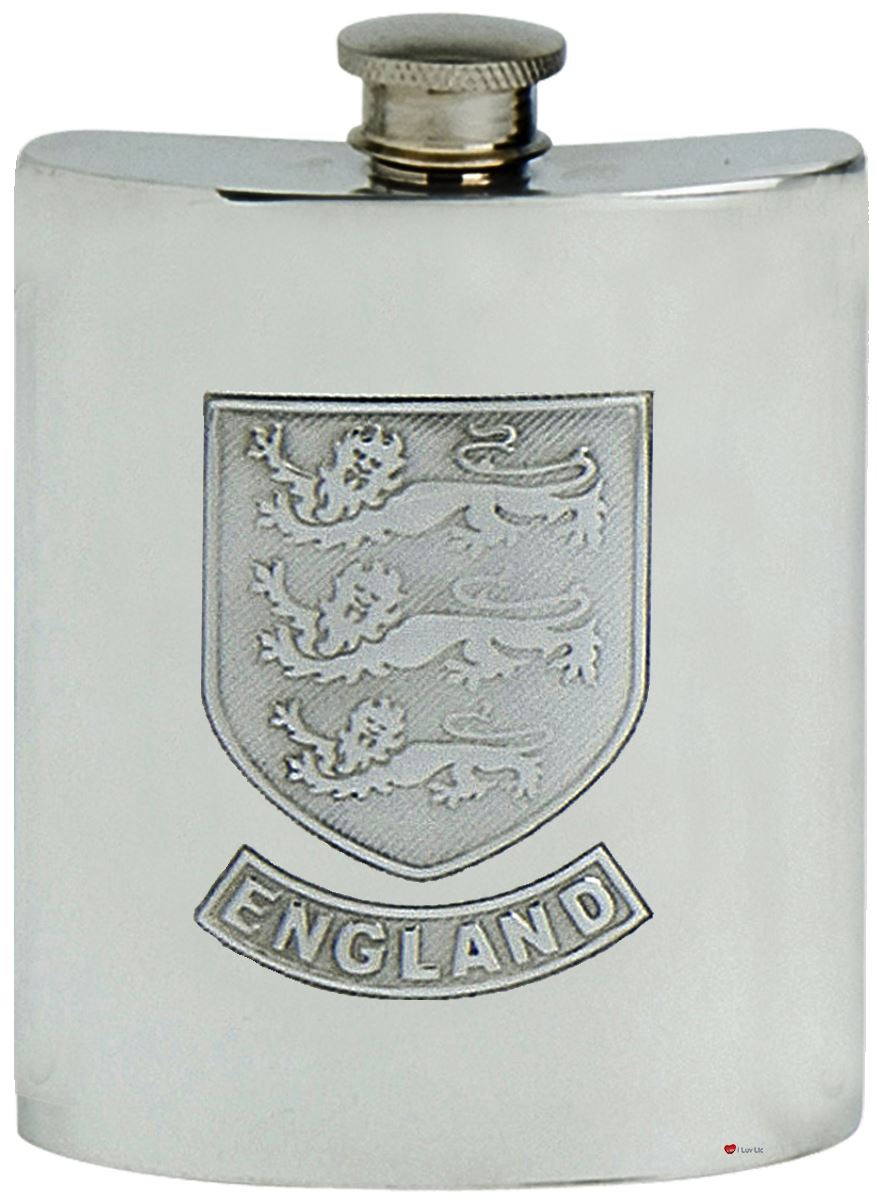 Pewter Hip Flask 6oz English Three Lions Shield Screw Top Engravable on Back Great Gift