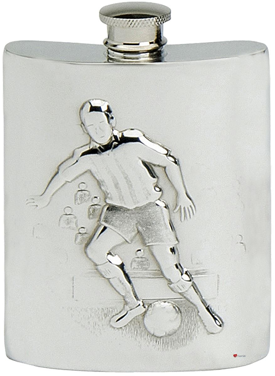Pewter Hip Flask Football Soccer Scene 4oz Embossed Kidney Shaped Screw Top Great Gift