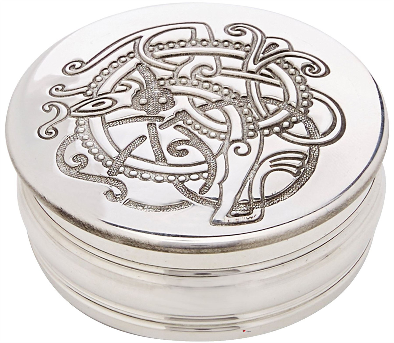 Trinket Box Pewter Round with Entwined Scottish Celtic Dragon on Lid 50mm