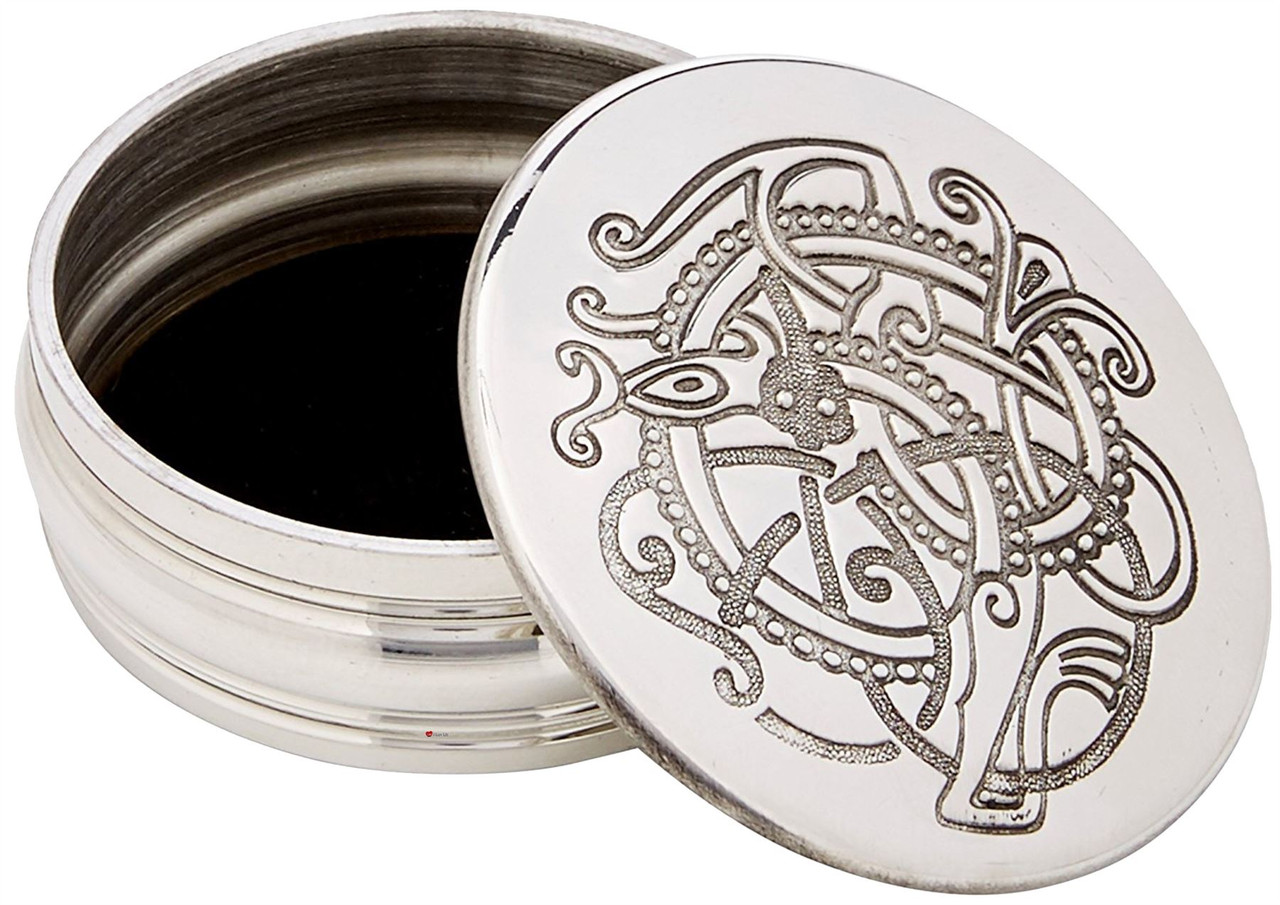 Trinket Box Pewter Round with Entwined Scottish Celtic Dragon on Lid 50mm