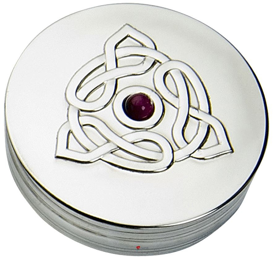 Trinket Box Pewter Round Celtic Trinity Design Amethyst Coloured Stone Lid 50mm