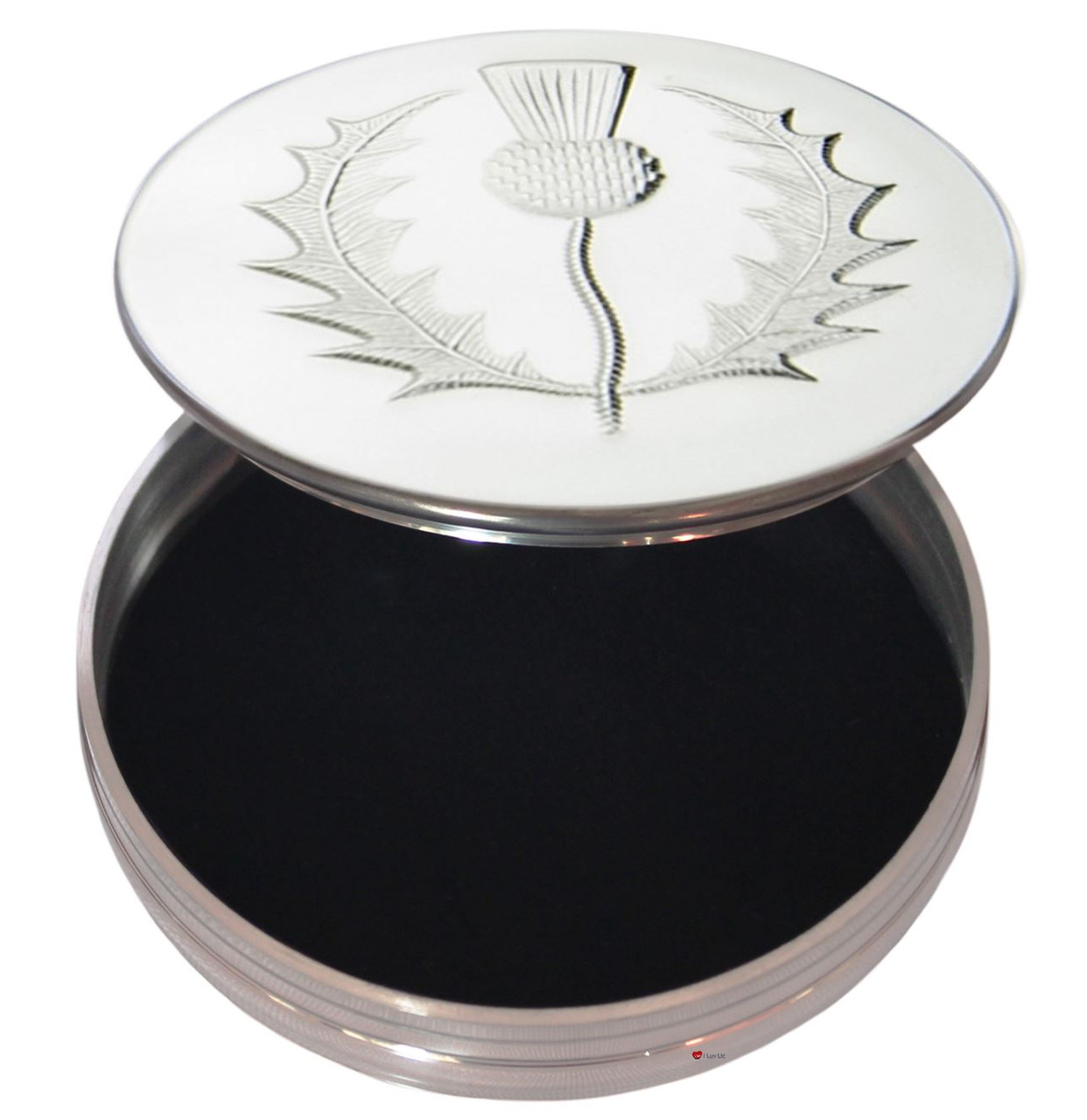 Trinket Box Pewter Round with Embossed with Scottish Thistle Design on Lid 50mm