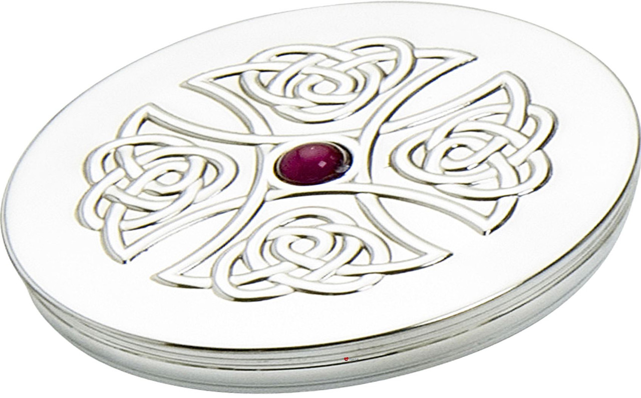 Trinket Box Pewter Large Celtic Cross Inset Amethyst Coloured Stone on Lid 90mm