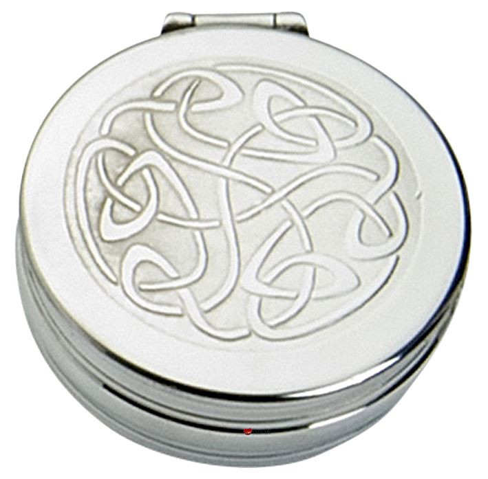 Trinket Pewter Box Round Hinged Lid with Celtic Scroll Design Insert on Lid 50mm