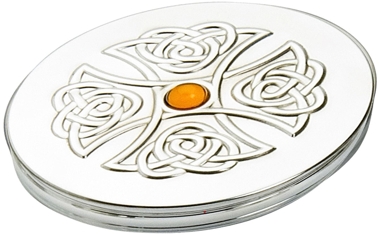 Trinket Box Pewter Round Celtic Cross Design Inset Topaz Coloured Stone Lid 50mm