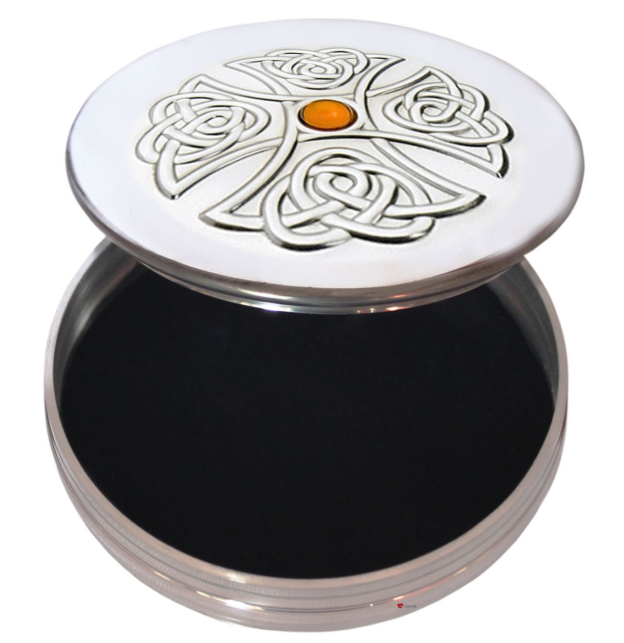 Trinket Box Pewter Round Celtic Cross Design Inset Topaz Coloured Stone Lid 50mm