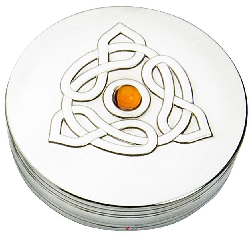 Trinket Box Pewter Round Celtic Trinity Lid Inset Topaz Coloured Stone Lid 50mm