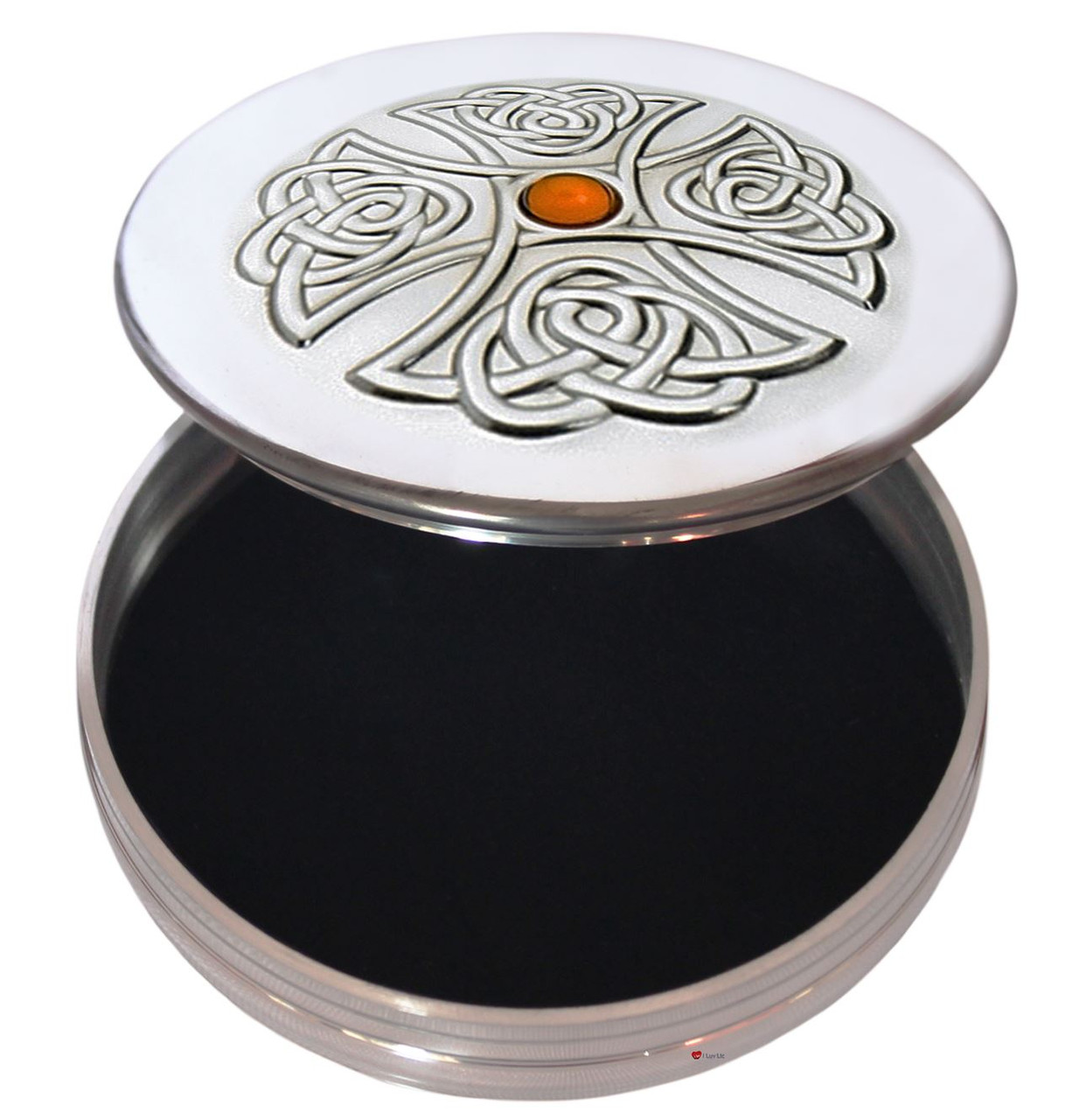 Trinket Box Pewter Large Celtic Cross Inset Topaz Coloured Stone on Lid 90mm