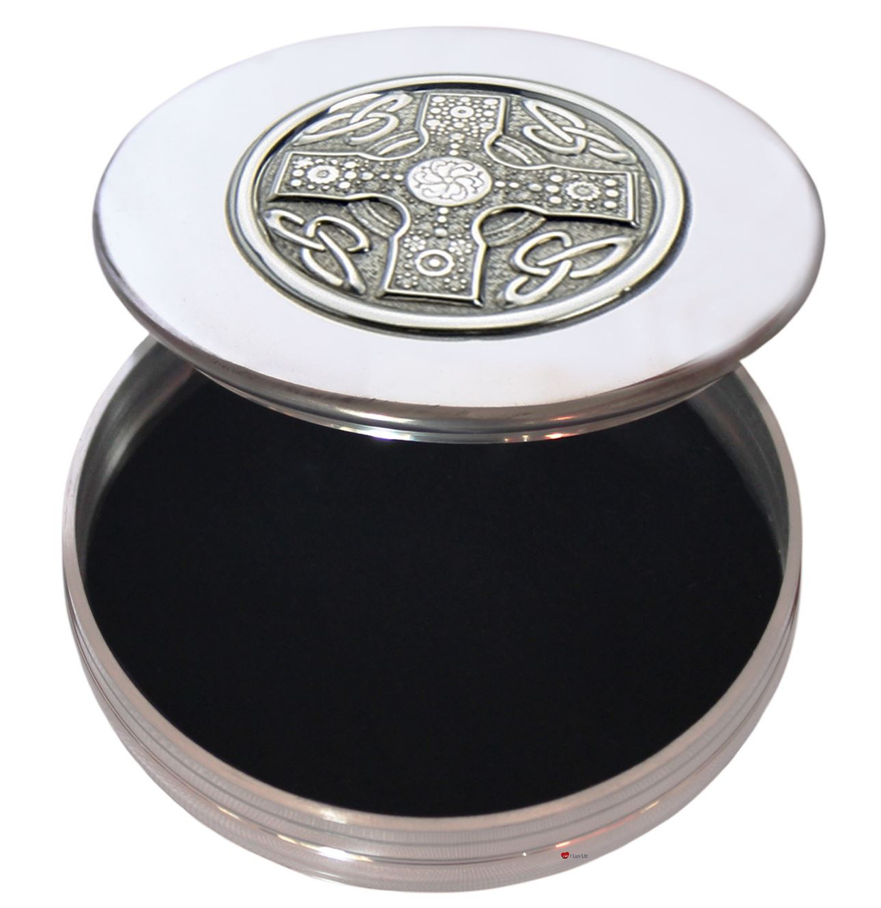 Trinket Box Pewter Round with Circular Insert Lid Featuring Iona Cross 50mm