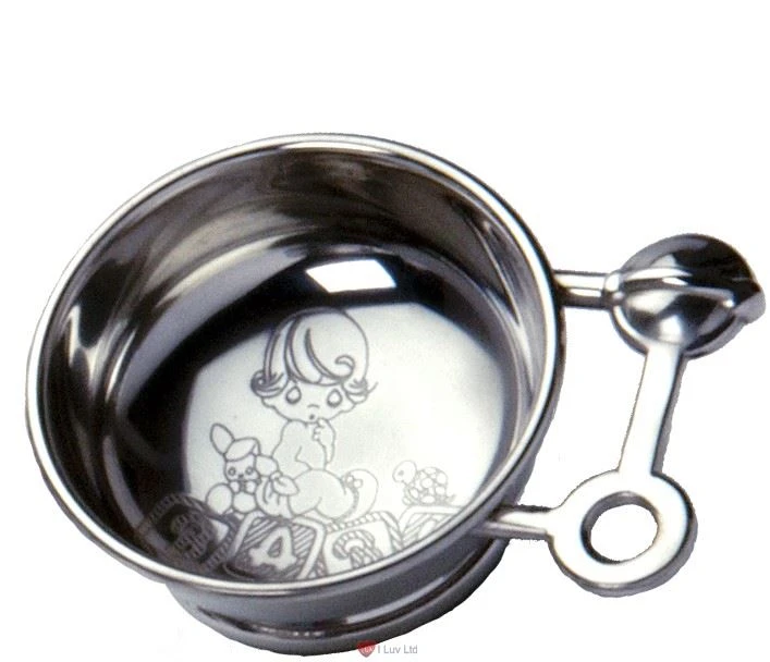 Children's Pewter Porridge Bowl with Rattle Handle with Baby Scene Engraving