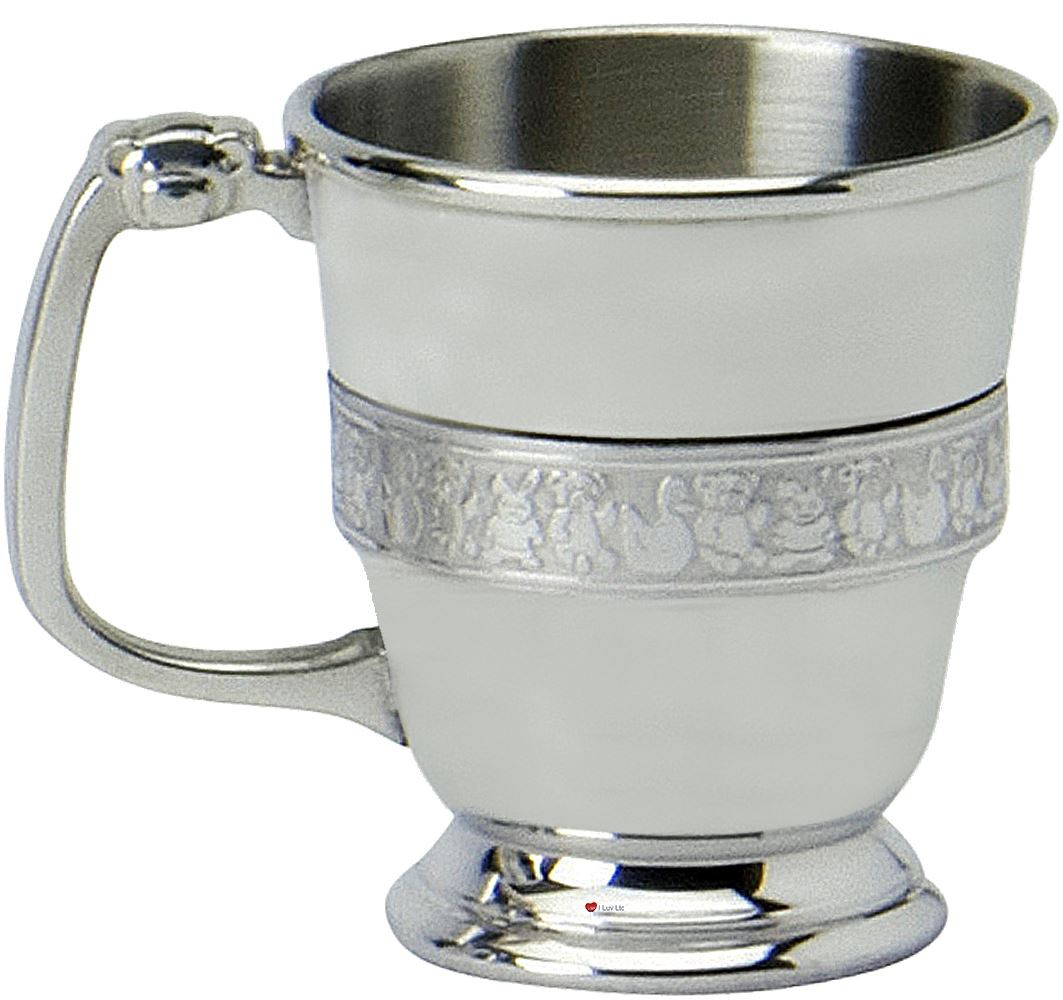 Christening Cup Pewter 1/2 Pint Single Band Nursery Characters Great Gift