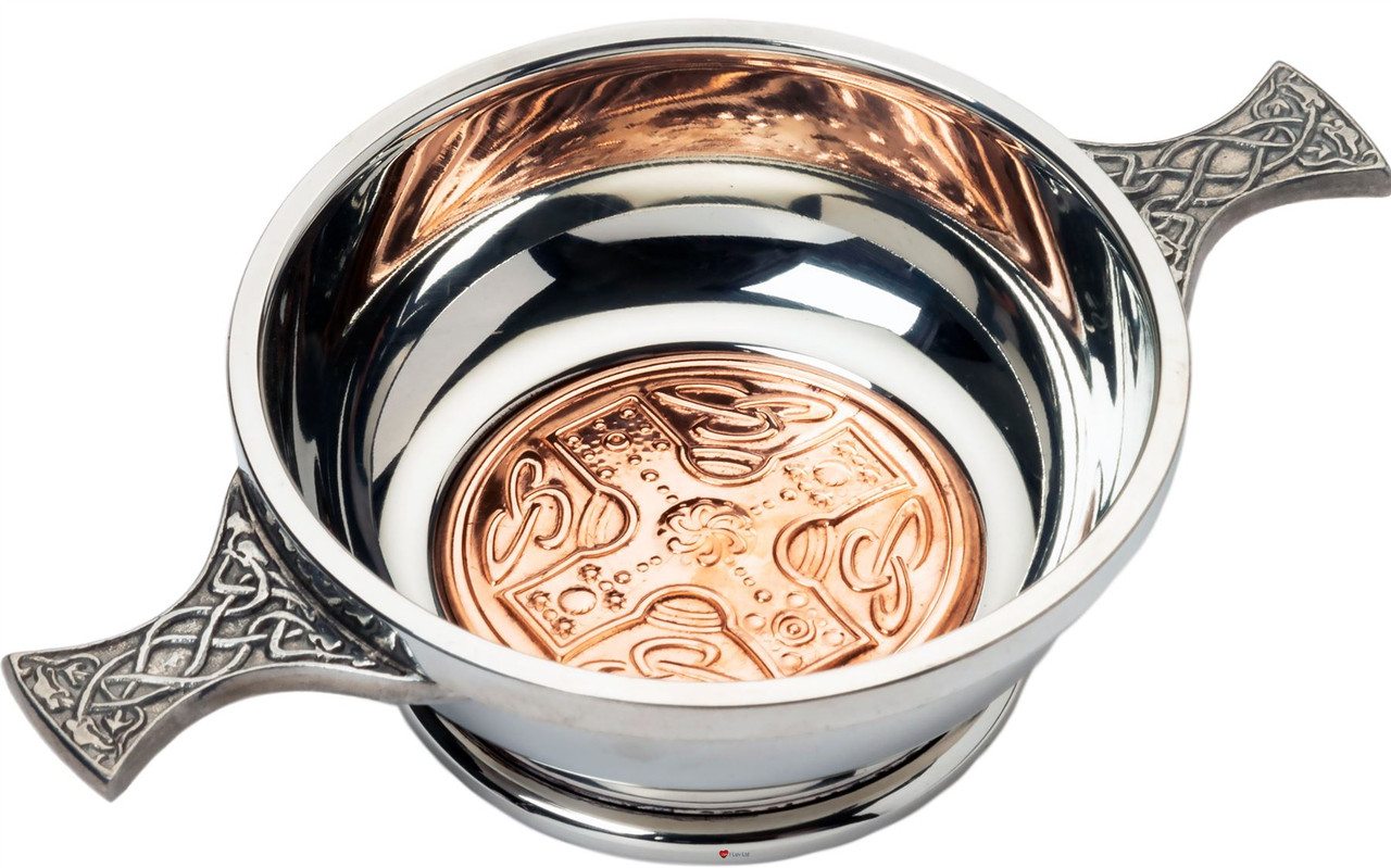 4" Quaich with Scottish Celtic Cross Design Copper Insert Celtic Design Handles Ideal Gift