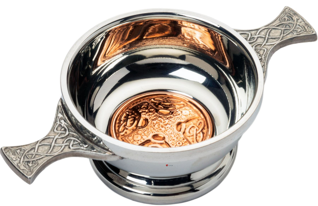 2" Quaich with Scottish Celtic Cross Design Copper Insert Celtic Design Handles Ideal Gift