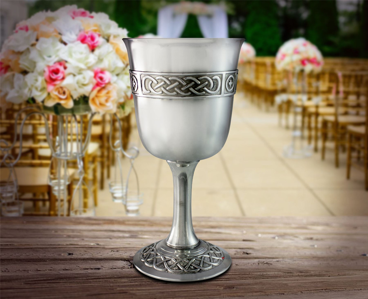 Pewter Wine Chalice Goblet Flared Lip Celtic Band Ornate Base 6" Ideal Gift