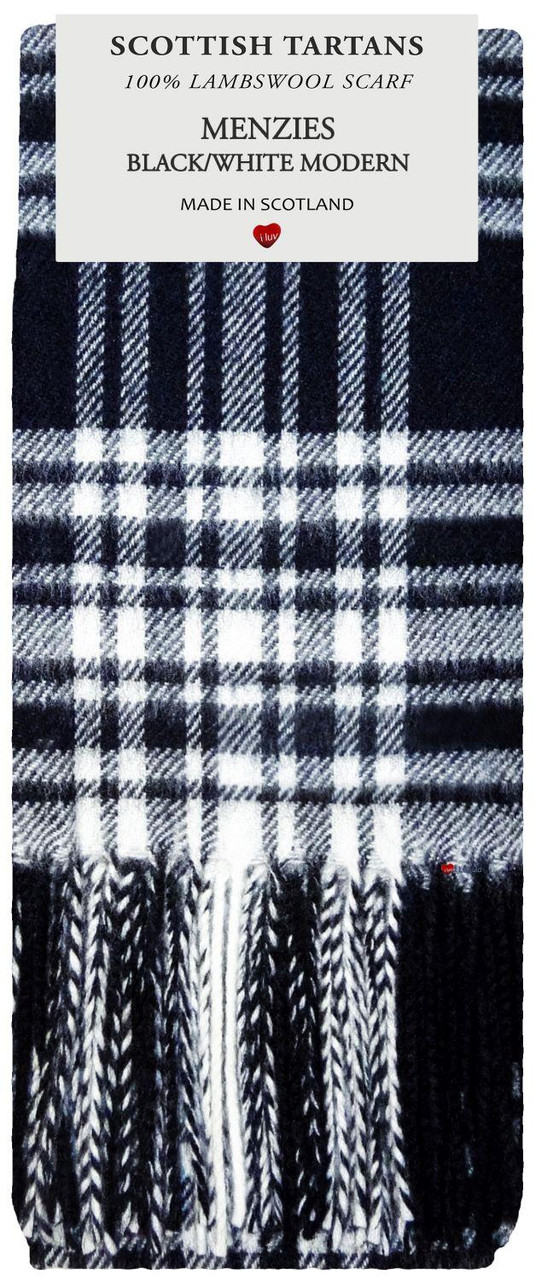 Menzies Black & White Modern Tartan Plaid 100% Lambswool Scarf Made in Scotland