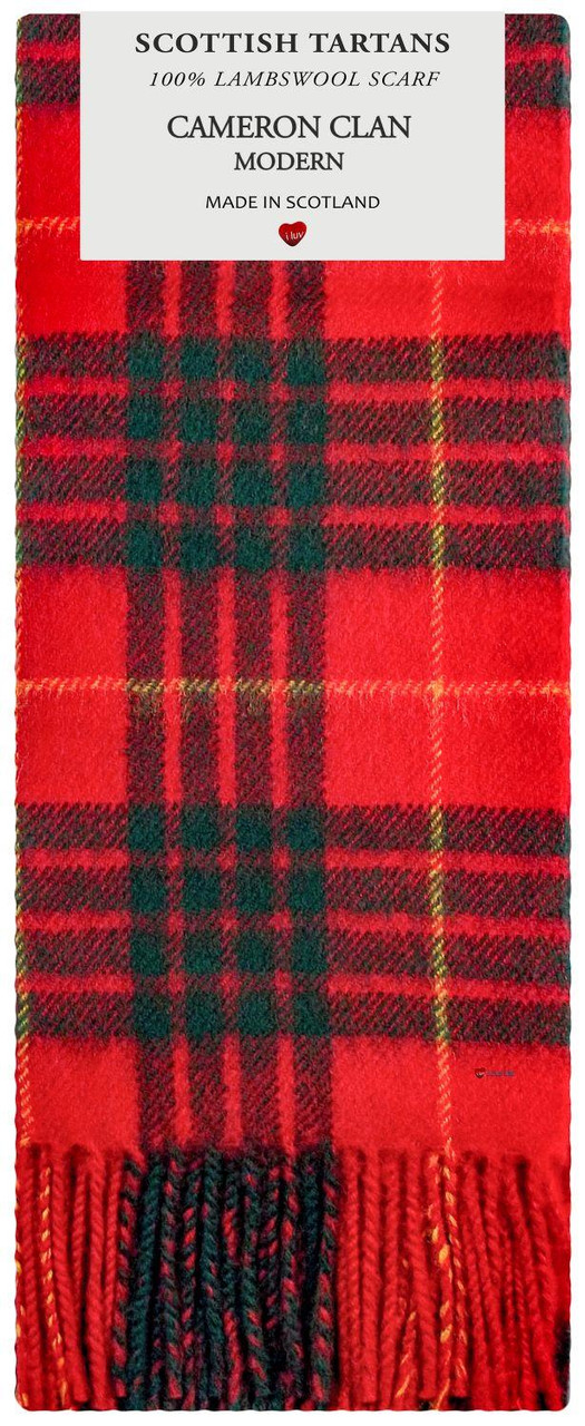 Cameron Clan Modern Tartan Plaid 100% Lambswool Clan Scarf Made in Scotland