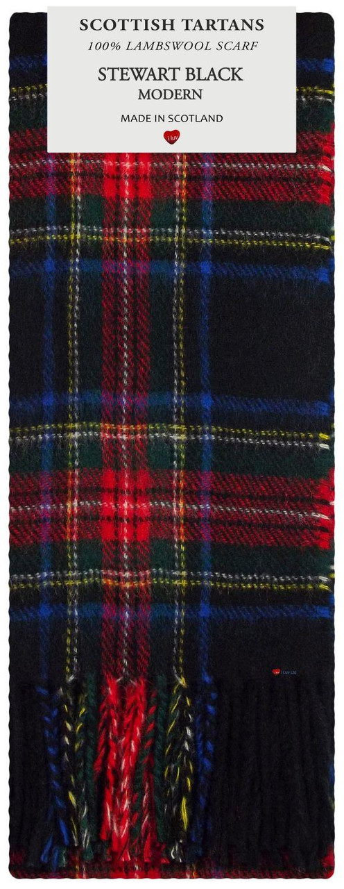 Stewart Black Modern Tartan Plaid 100% Lambswool Clan Scarf Made in Scotland