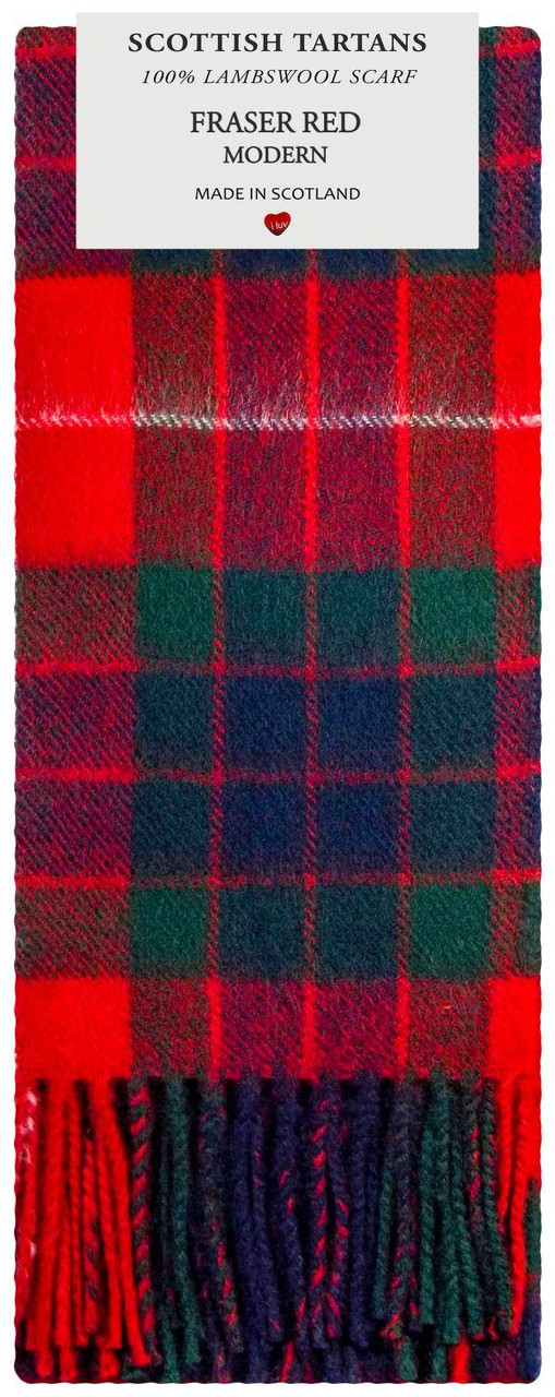 Fraser Red Modern Tartan Plaid 100% Lambswool Clan Scarf Made in Scotland