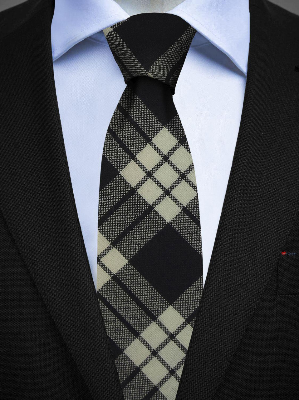 Mens All Wool Tie Woven Scotland - MacFarlane Black White Modern Tartan
