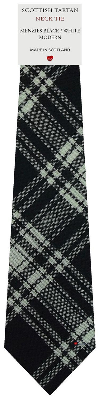 Mens All Wool Tie Woven Scotland - Menzies Black and White Modern Tartan
