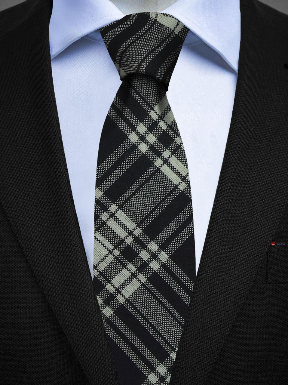 Mens All Wool Tie Woven Scotland - Menzies Black and White Modern Tartan