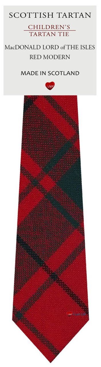 Boys Pure Wool Tie Woven Scotland - MacDonald Lord Of The Isles Red Modern Tartan