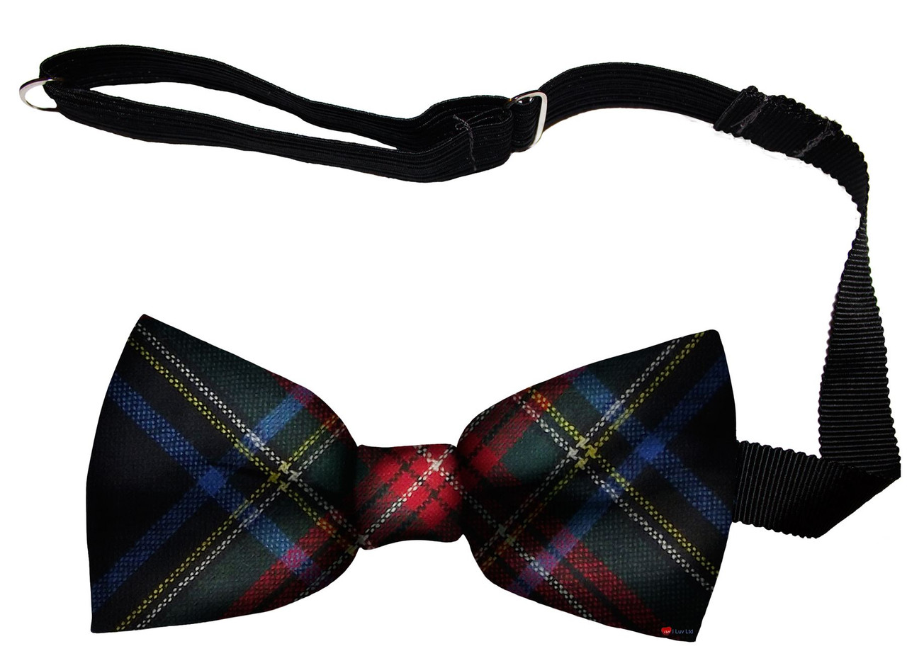 Stewart Black Modern Tartan Men's Bow Tie Pure Wool Elastic Fastening