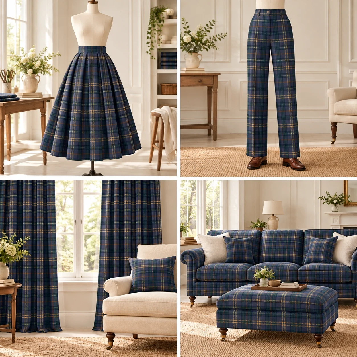 AI-generated Fermanagh tartan project inspiration: skirt, trousers, curtains, cushion, sofa and ottoman. Fabric only; finished items are illustrative.