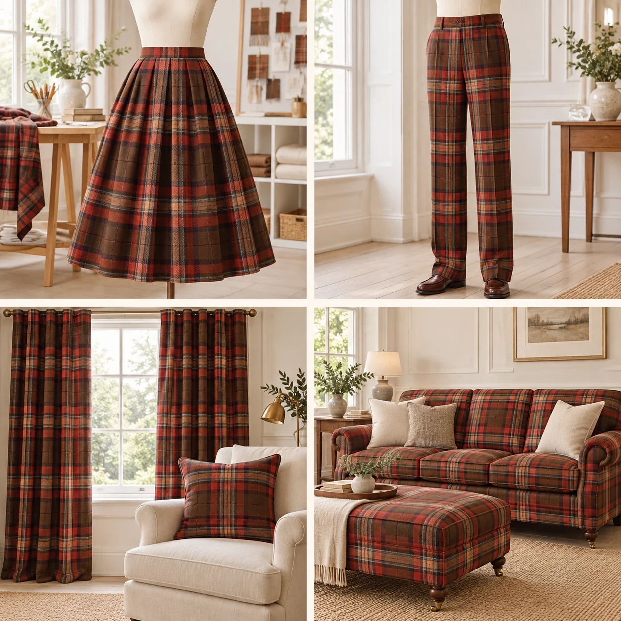 AI-generated Down tartan project inspiration: skirt, trousers, curtains, cushion, sofa and ottoman. Fabric only; finished items are illustrative.