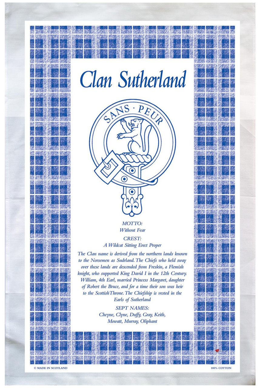 Sutherland Scottish Clan Tea Towel Scottish Gift, Made in Scotland