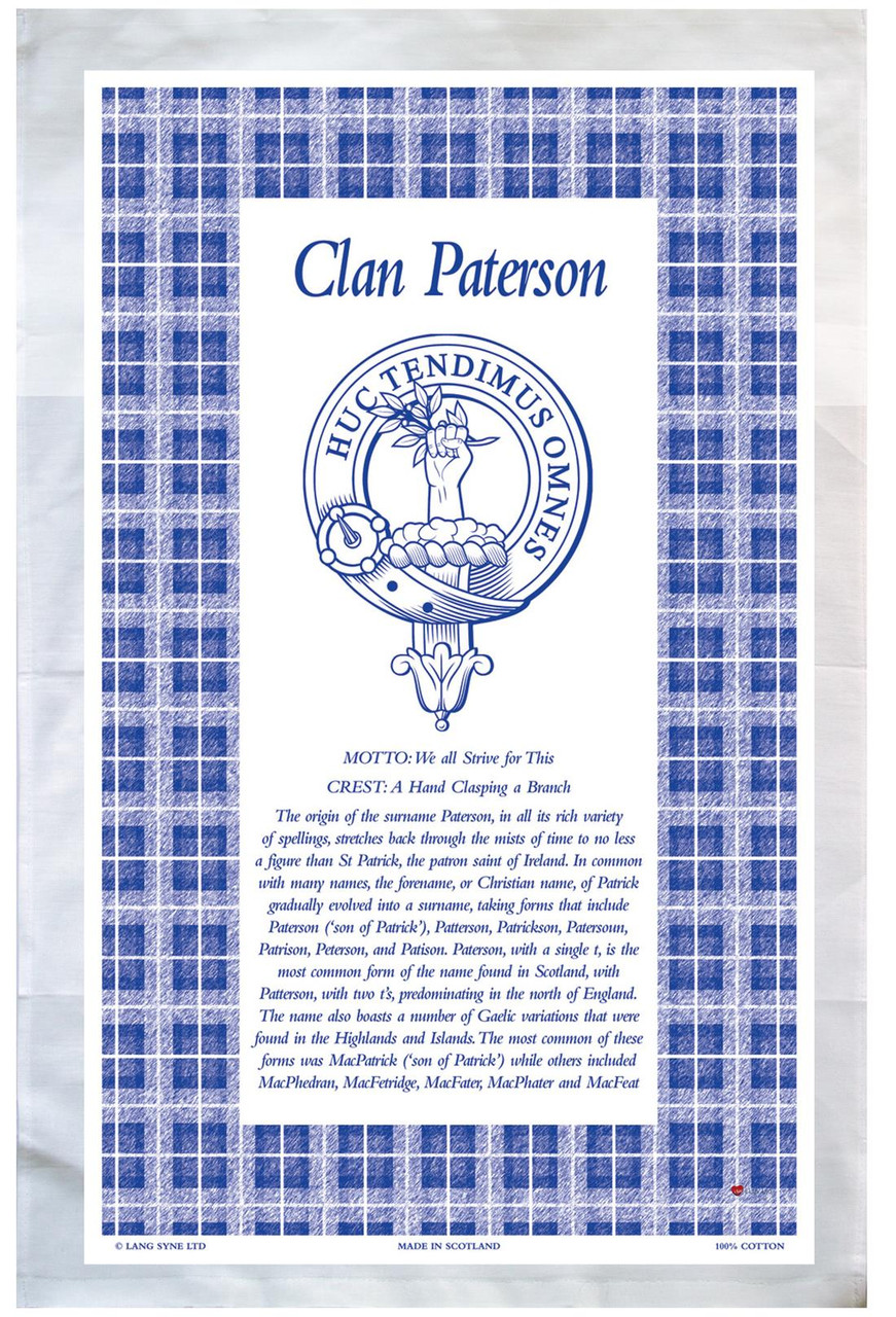 Paterson Scottish Clan Tea Towel Scottish Gift, Made in Scotland