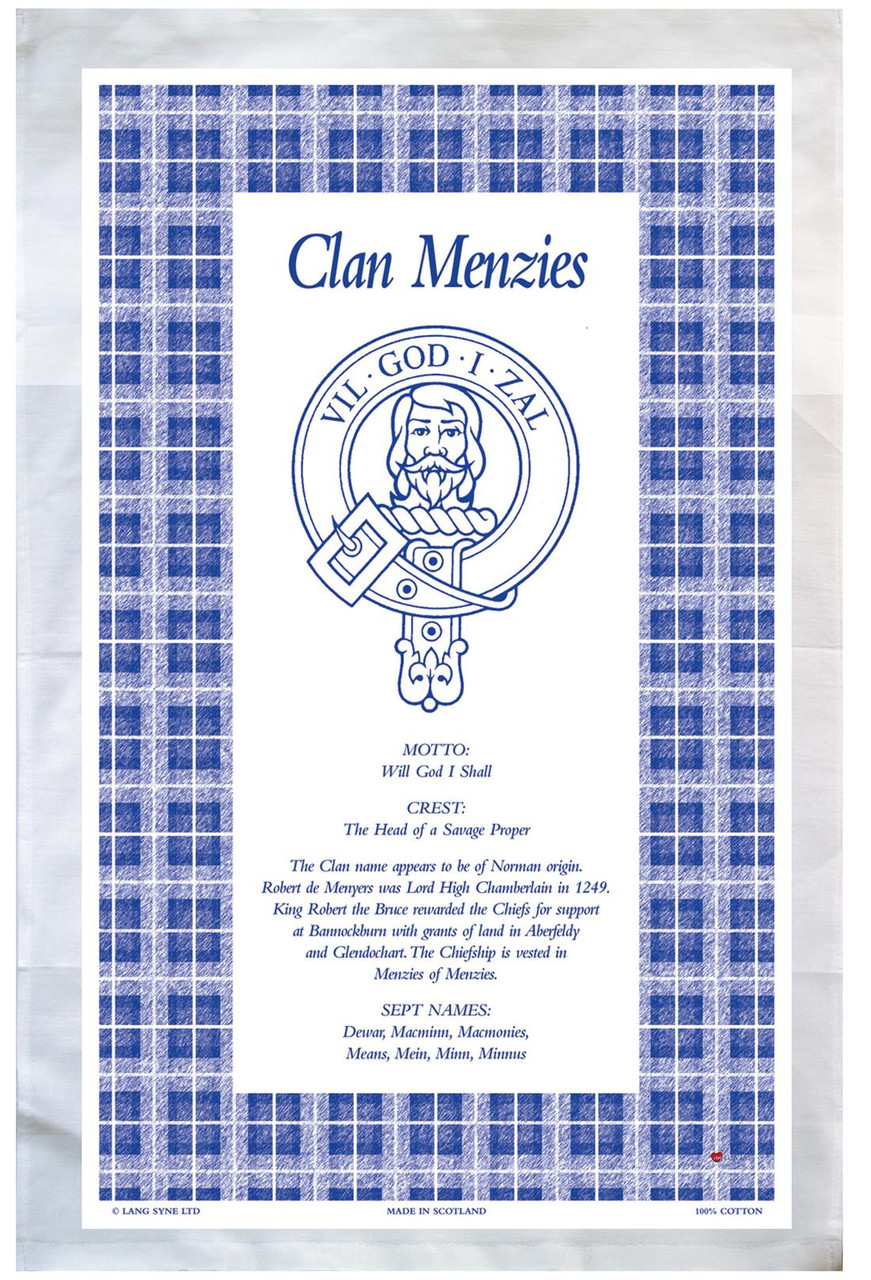 Menzies Scottish Clan Tea Towel Scottish Gift, Made in Scotland