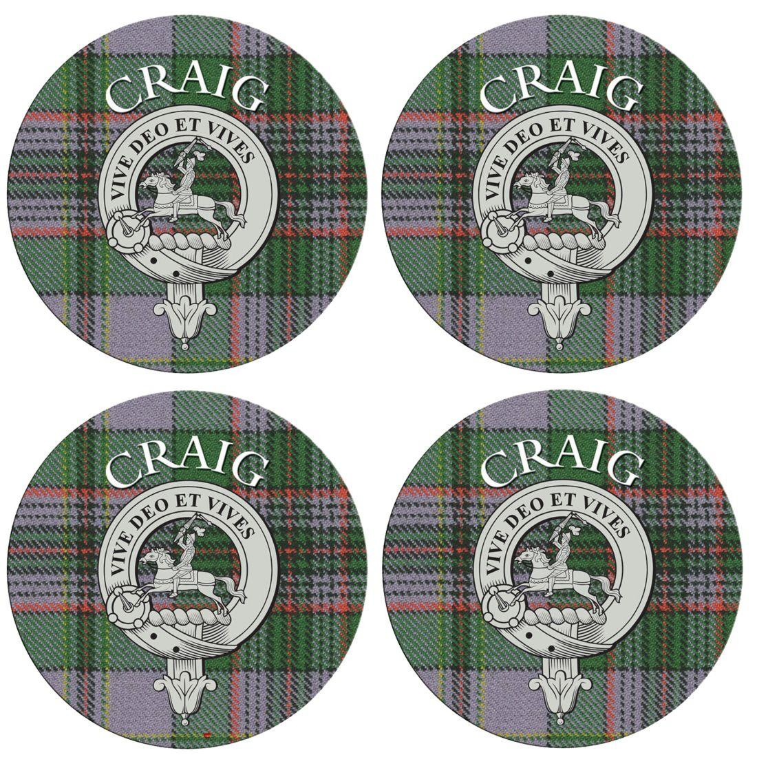 Craig Scottish Clan Family Name Round Cork Coasters Set of 4