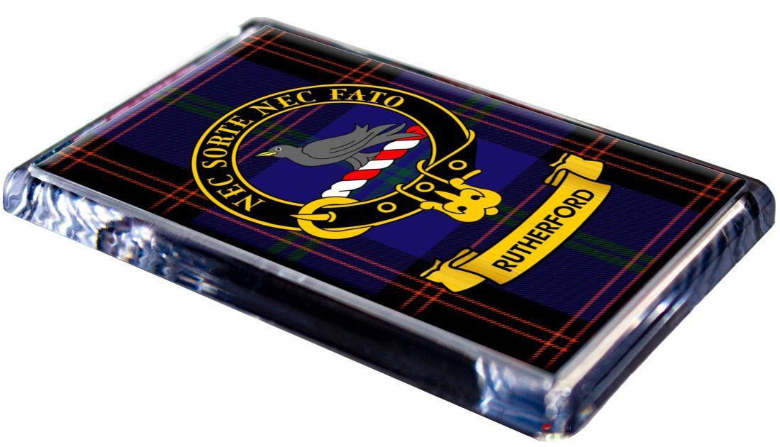 Rutherford Clan Tartan Fridge Magnet with Scottish Clan Crest on Clear Acrylic Rectangular Base