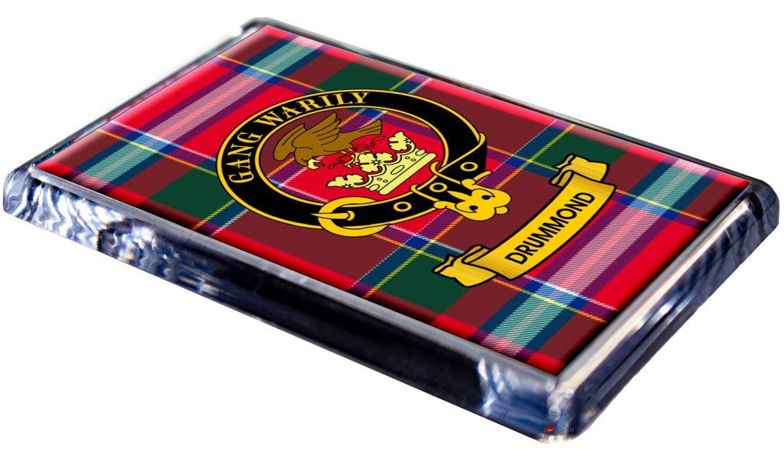 Drummond Clan Tartan Fridge Magnet with Scottish Clan Crest on Clear Acrylic Rectangular Base